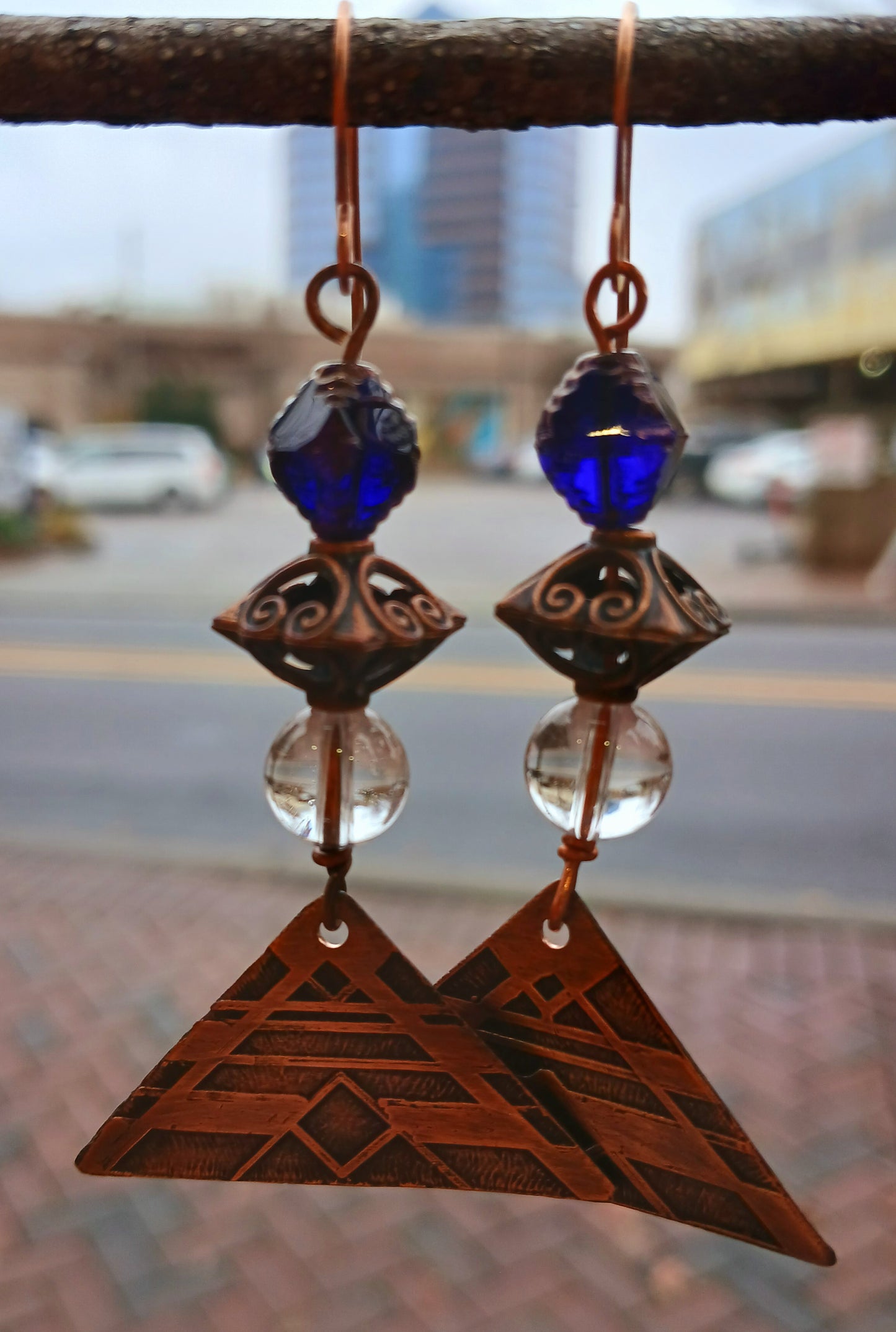 Copper Earrings-Etched with Clear Quartz & Deep Blue Glass