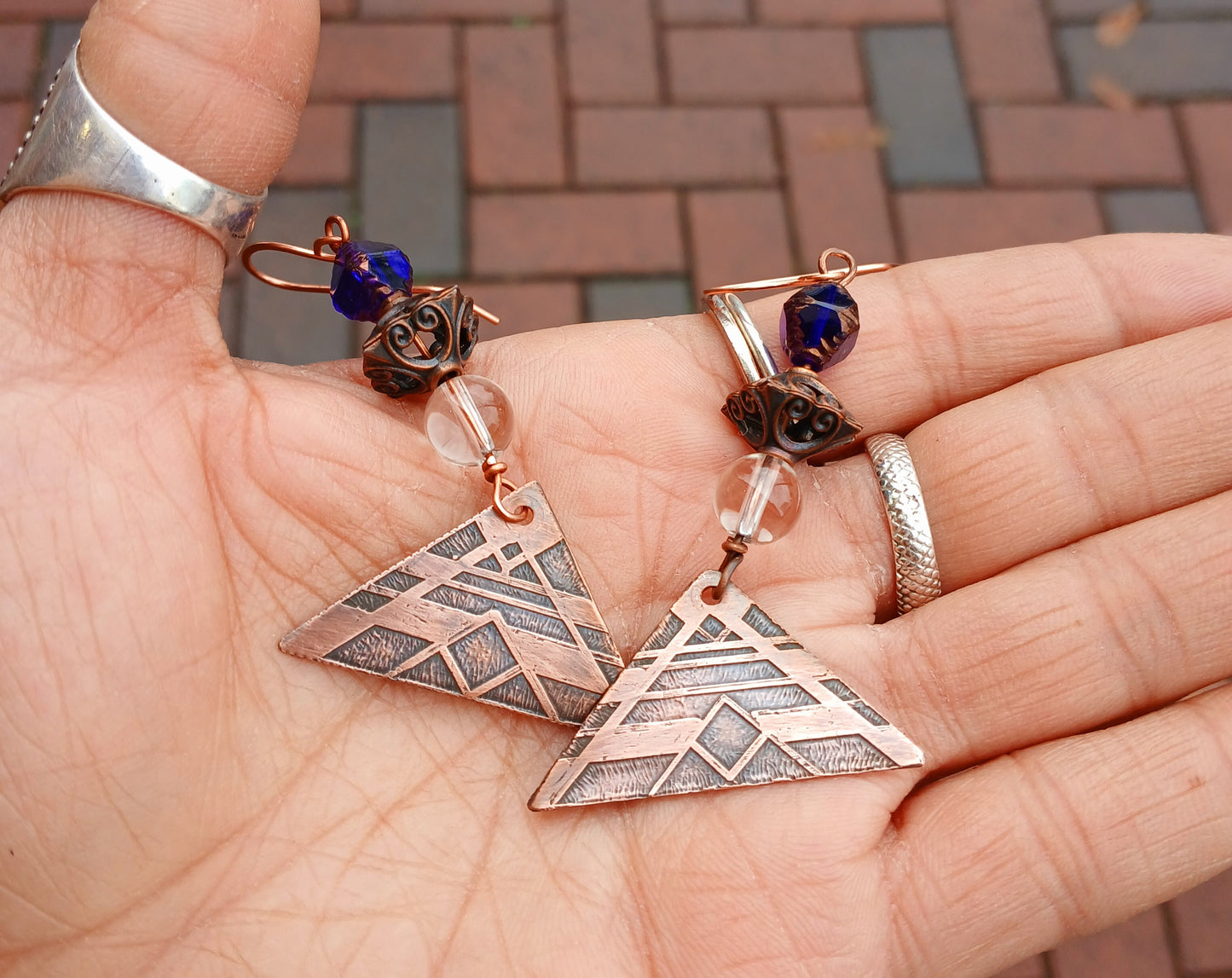 Copper Earrings-Etched with Clear Quartz & Deep Blue Glass