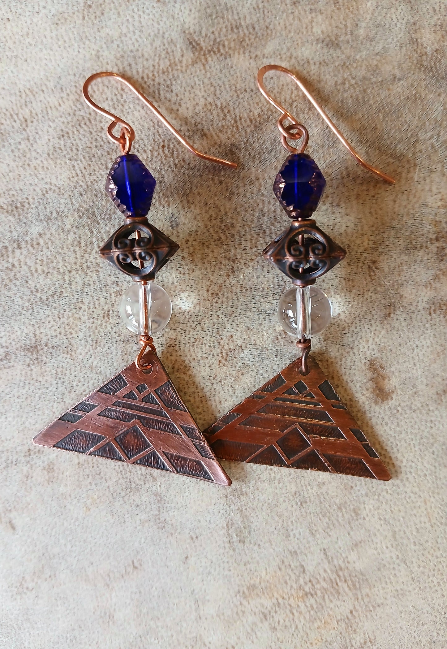 Copper Earrings-Etched with Clear Quartz & Deep Blue Glass