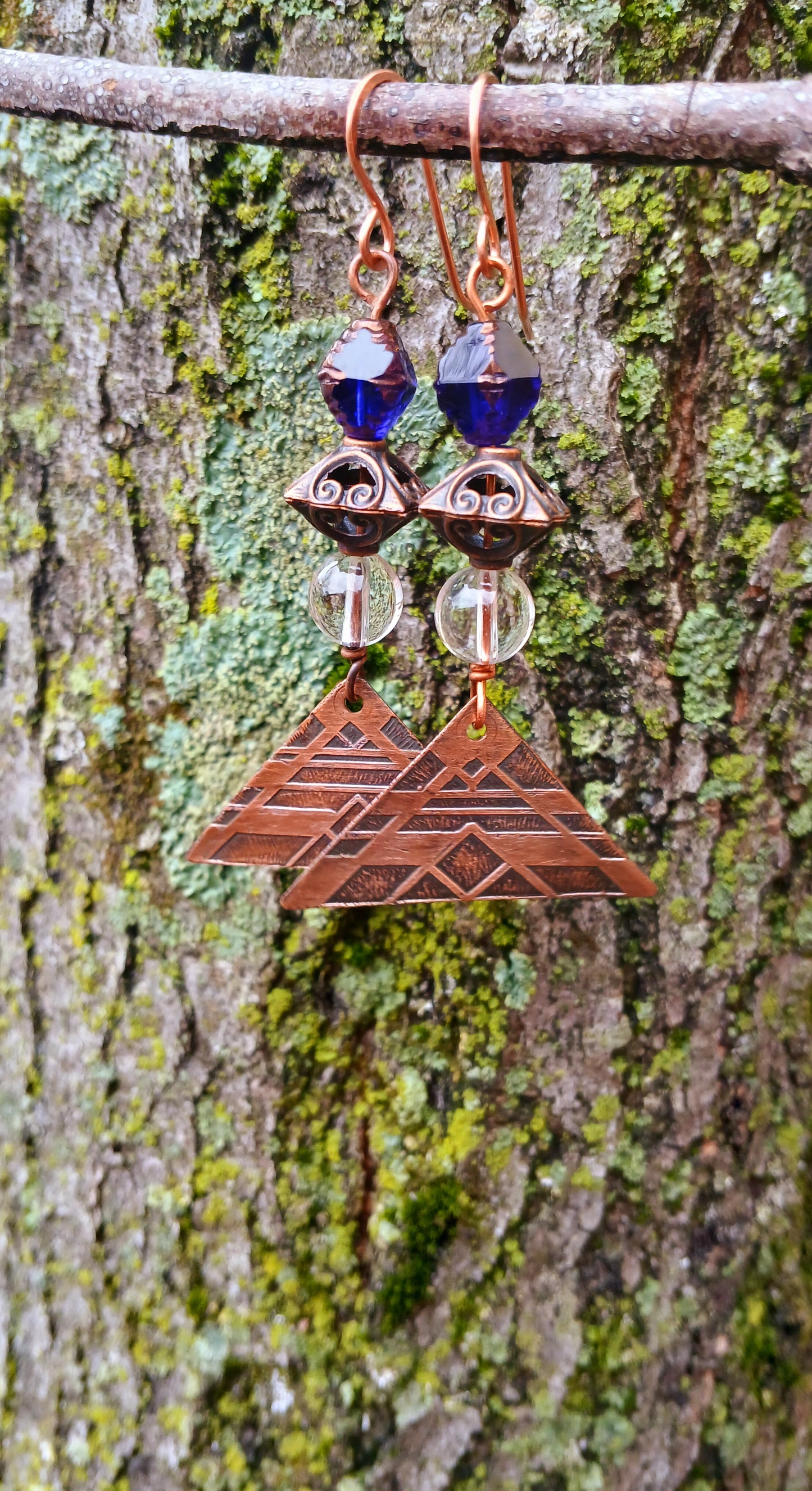 Copper Earrings-Etched with Clear Quartz & Deep Blue Glass