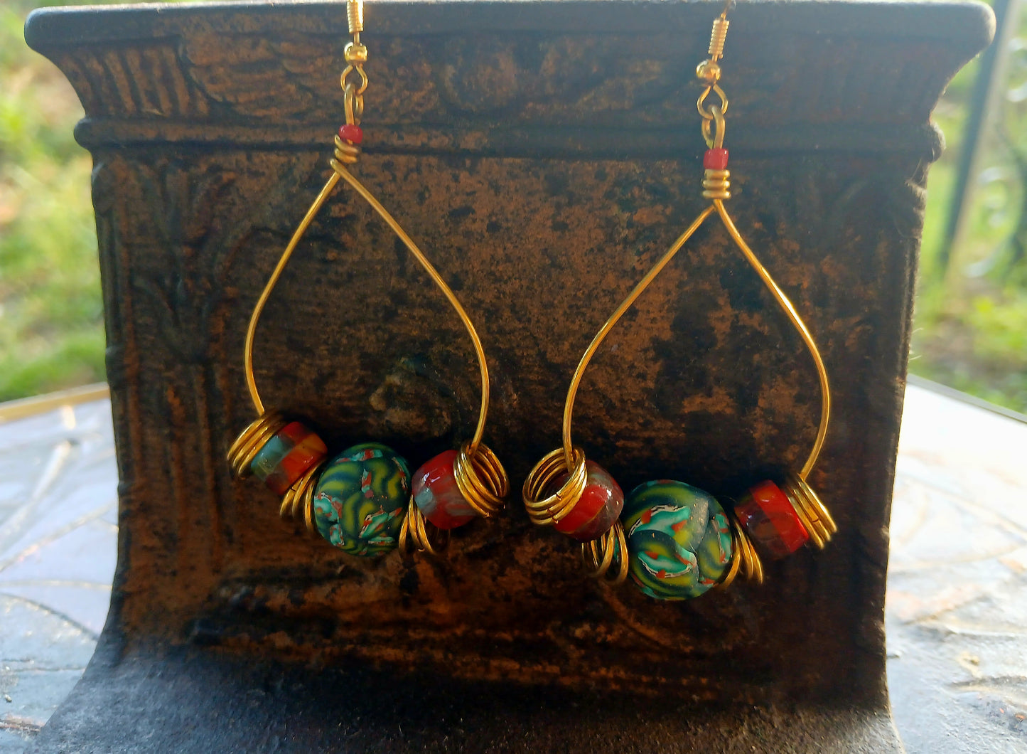 Afro Boho Earrings-Wire/Clay/Glass