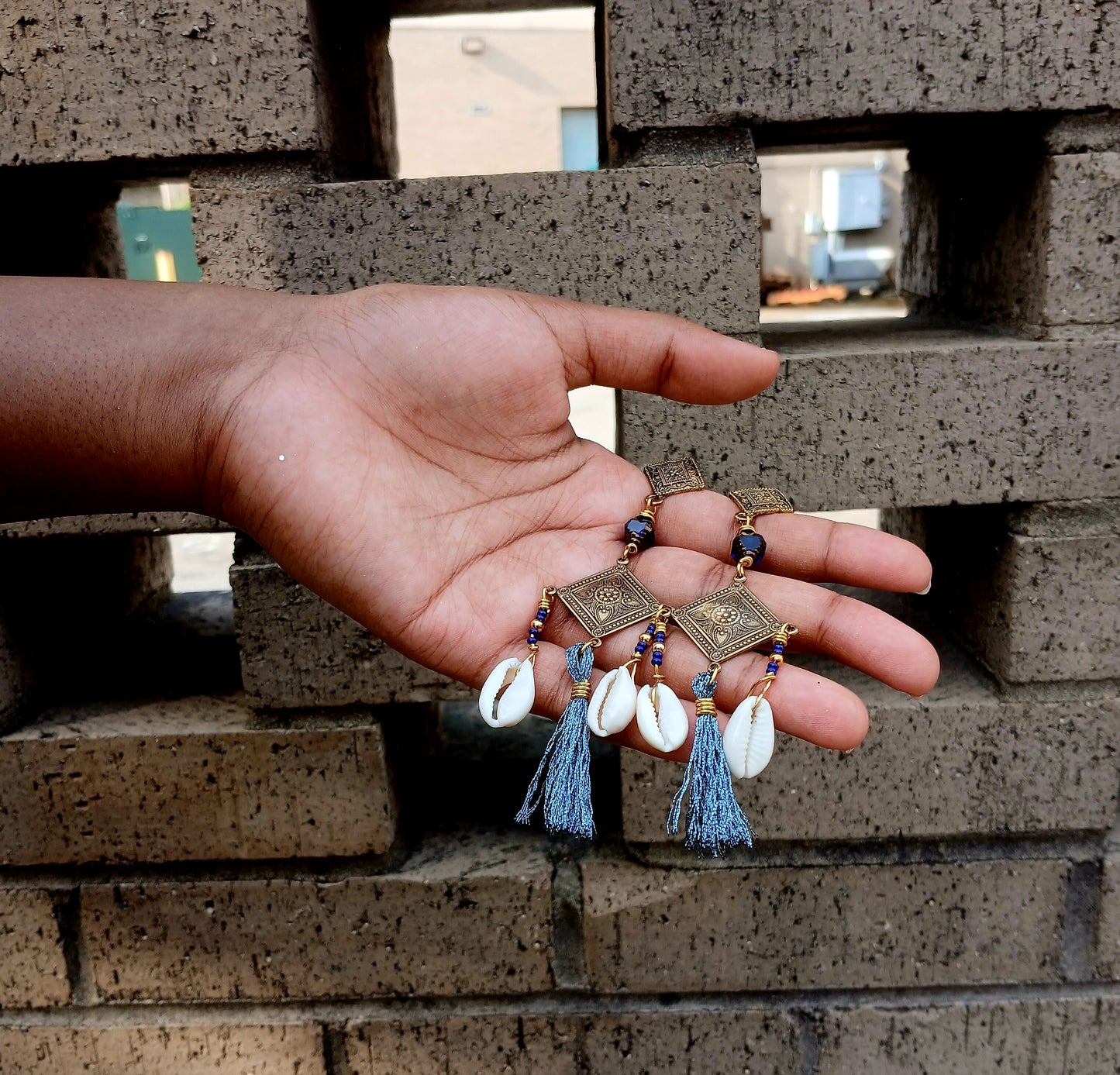 Afro Boho Earrings-Glass/Tassle/Cowrie Shells