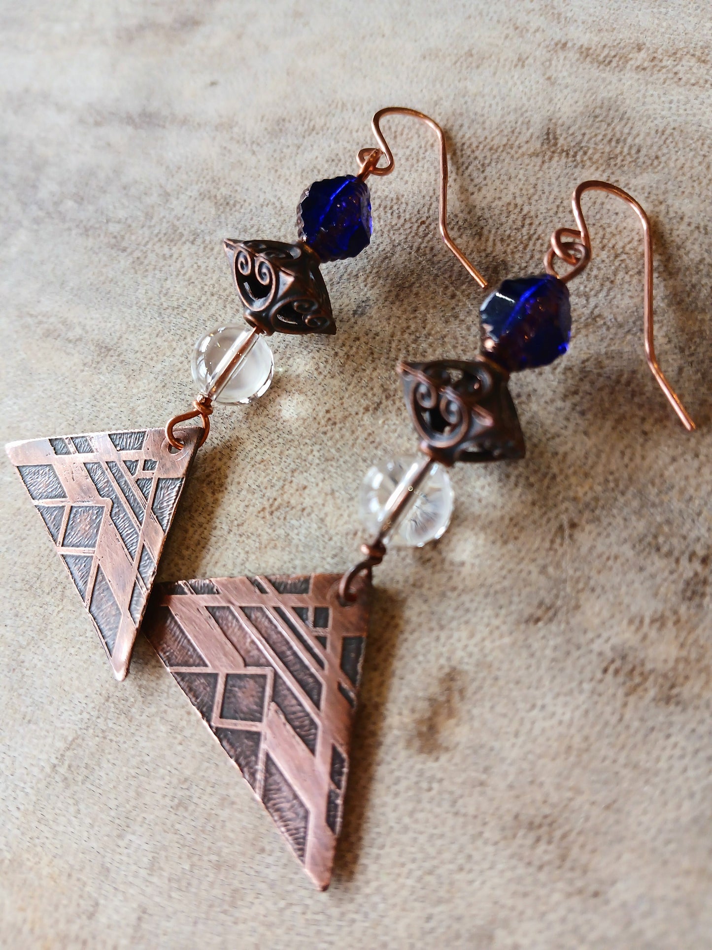 Copper Earrings-Etched with Clear Quartz & Deep Blue Glass