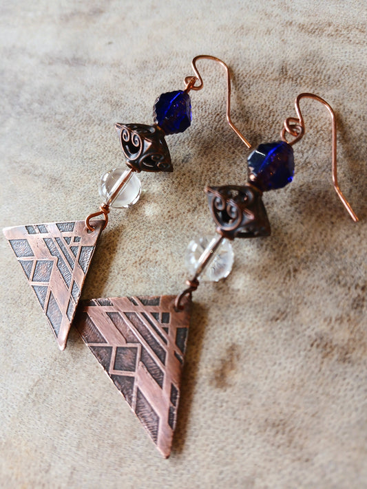 Copper Earrings-Etched with Clear Quartz & Deep Blue Glass
