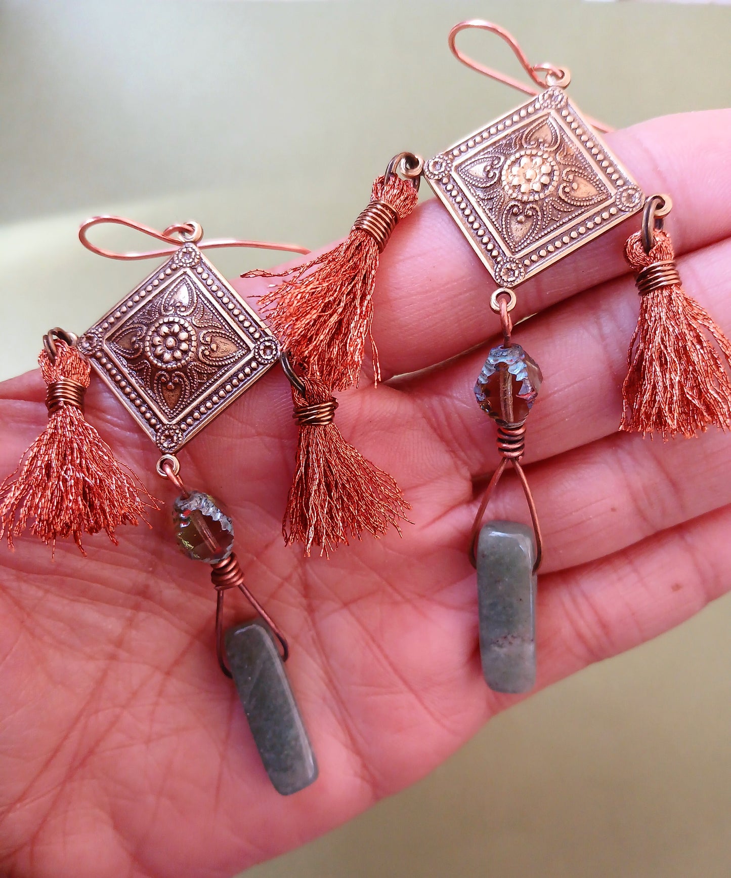 Earrings-Tassles, Aventurine & Glass