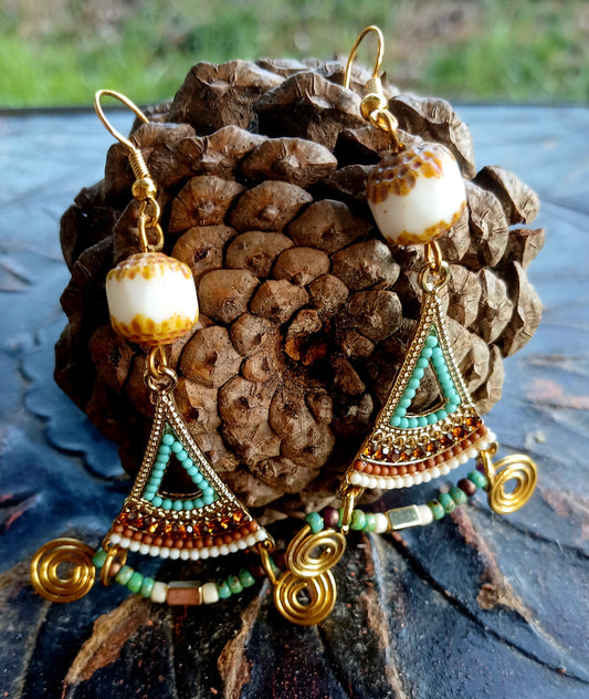 Afro Boho Earrings-Wire/Glass/Hematite