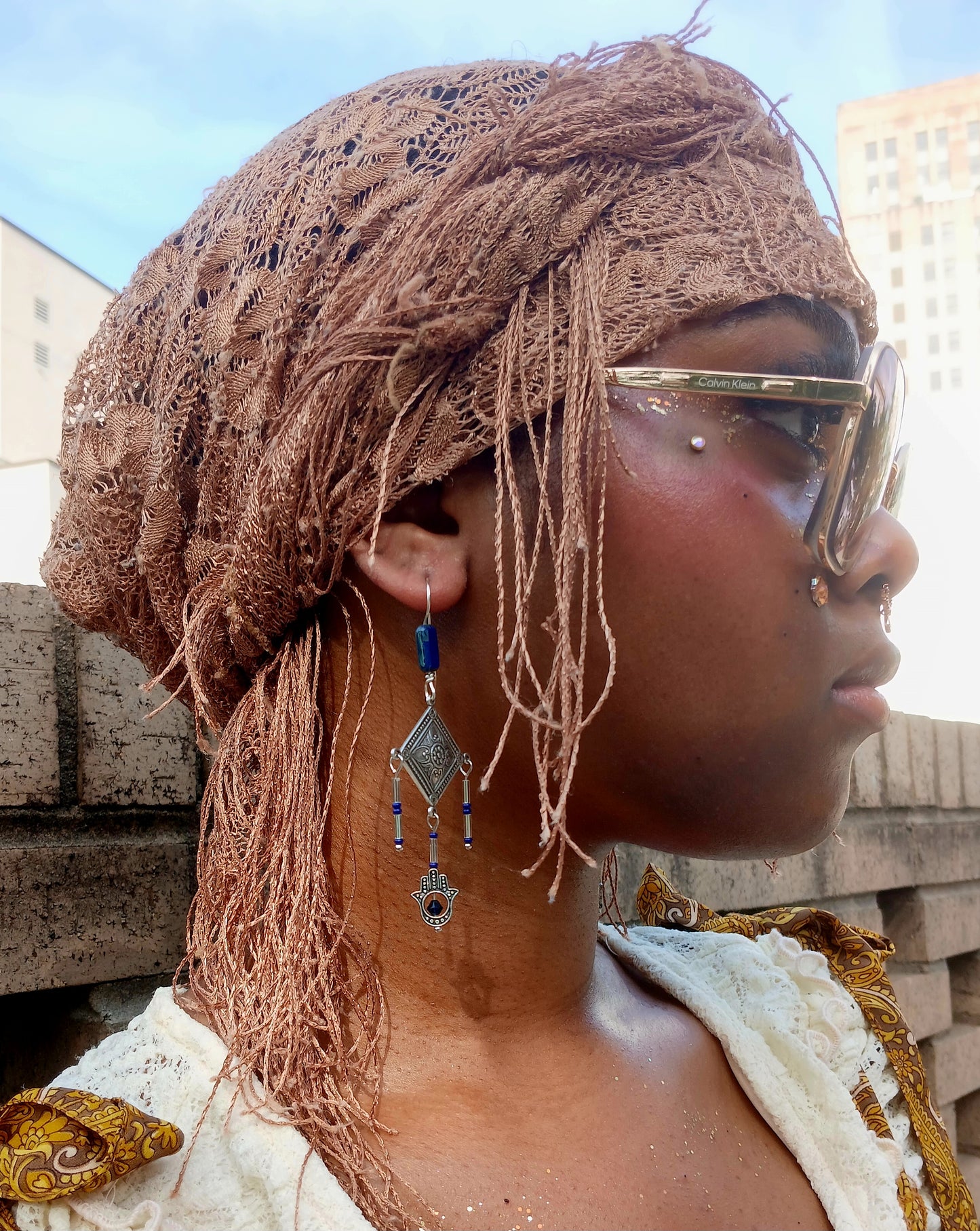 Afro Boho Earrings-Diamonds/Glass/Hand of Fatima (Hamsa)