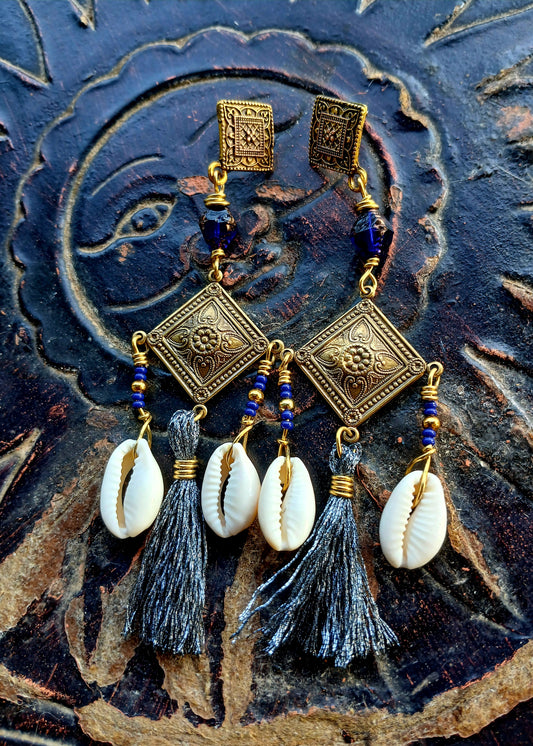 Afro Boho Earrings-Glass/Tassle/Cowrie Shells