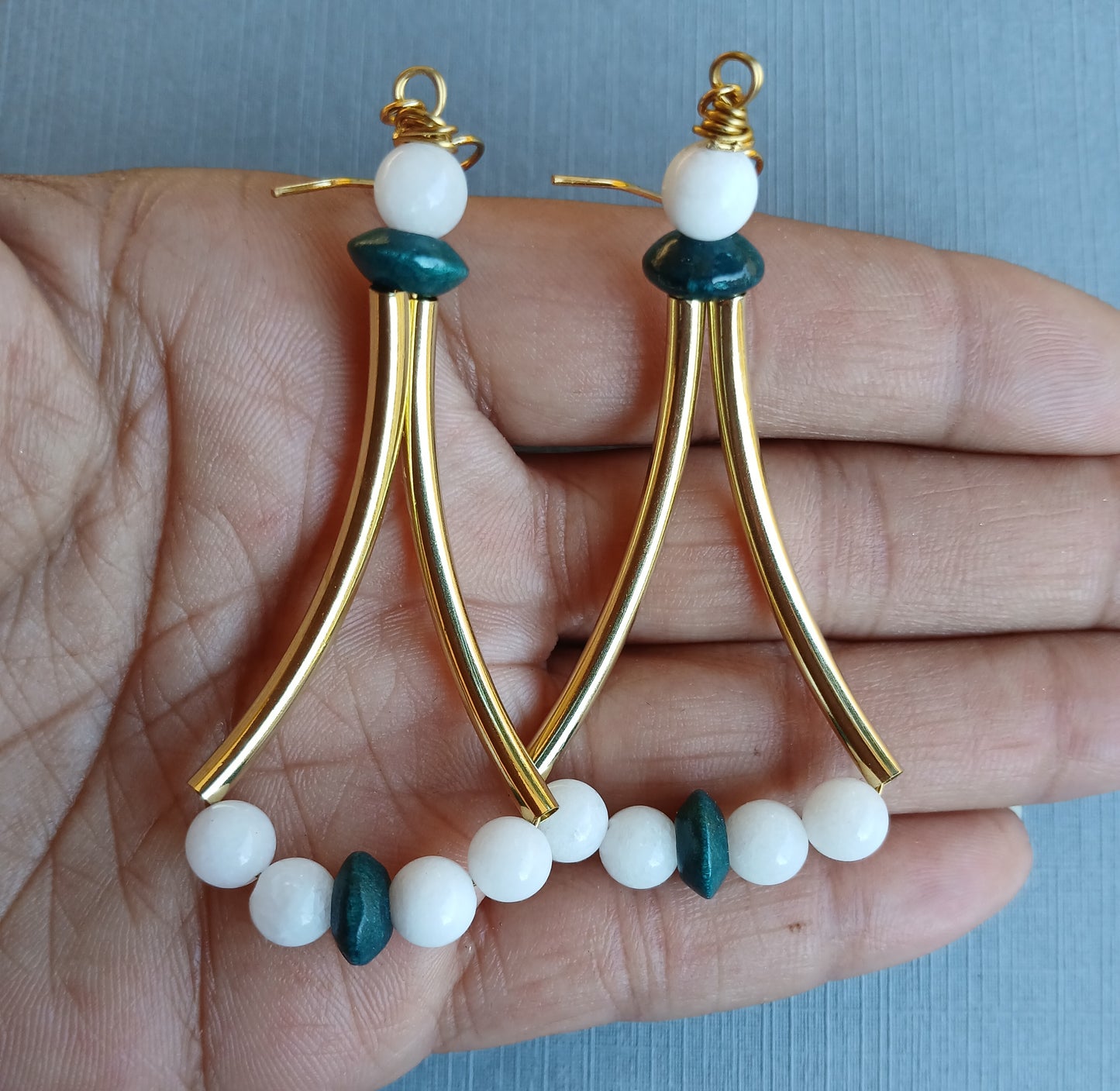 Connector Tube Earrings-White Jade & Wood
