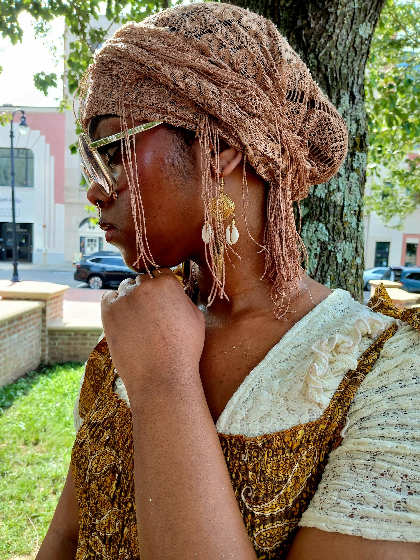 Afro Boho Earrings-Cowrie, Clay