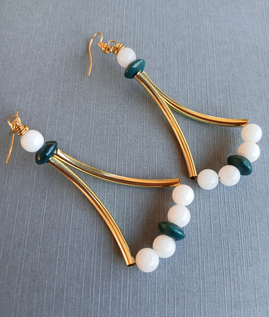 Connector Tube Earrings-White Jade & Wood
