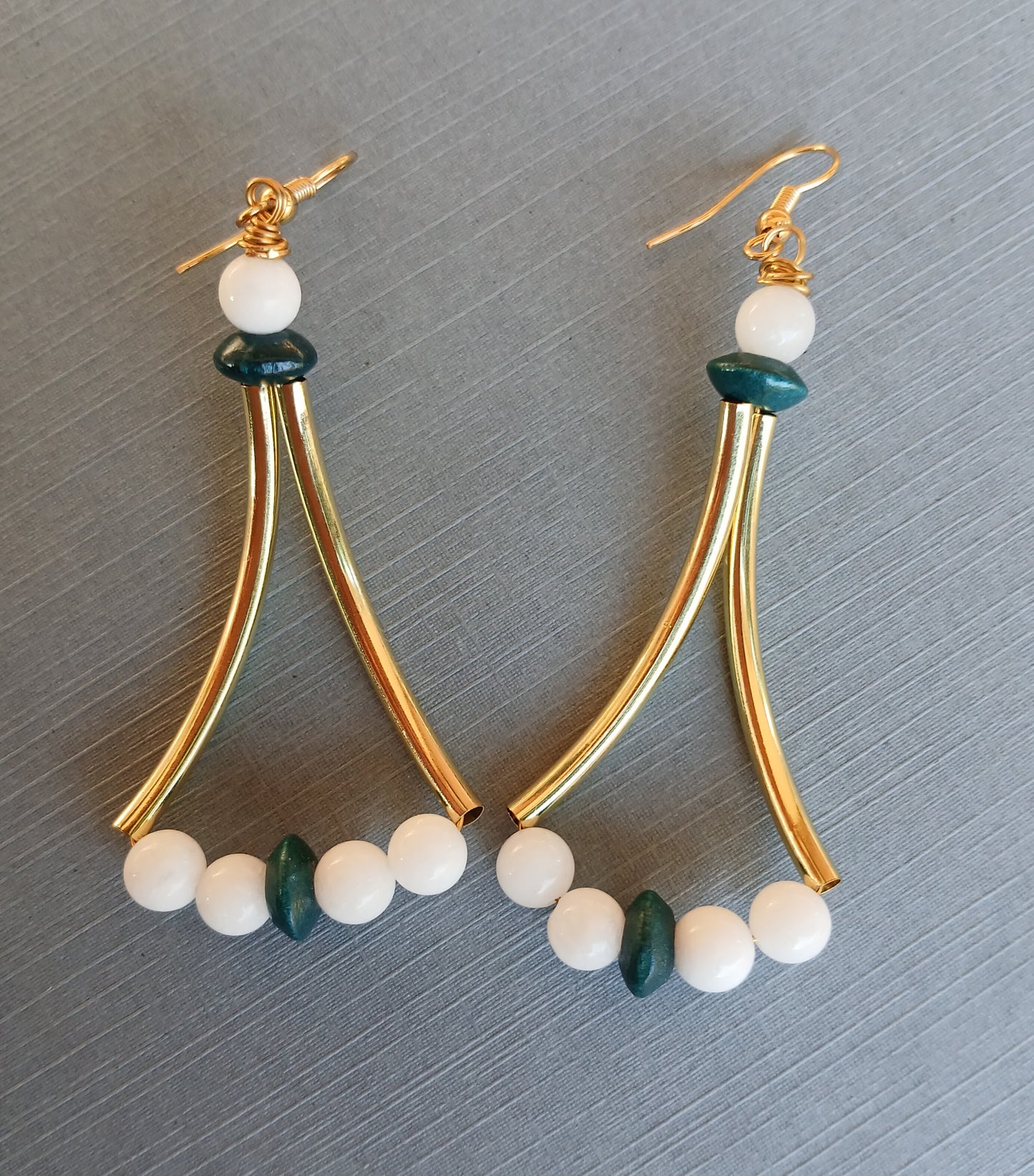 Connector Tube Earrings-White Jade & Wood