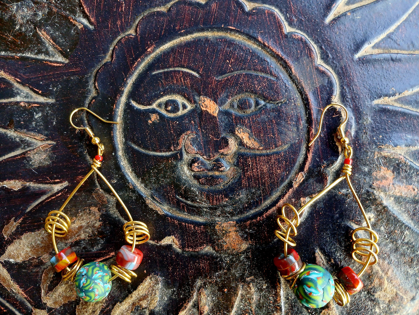 Afro Boho Earrings-Wire/Clay/Glass