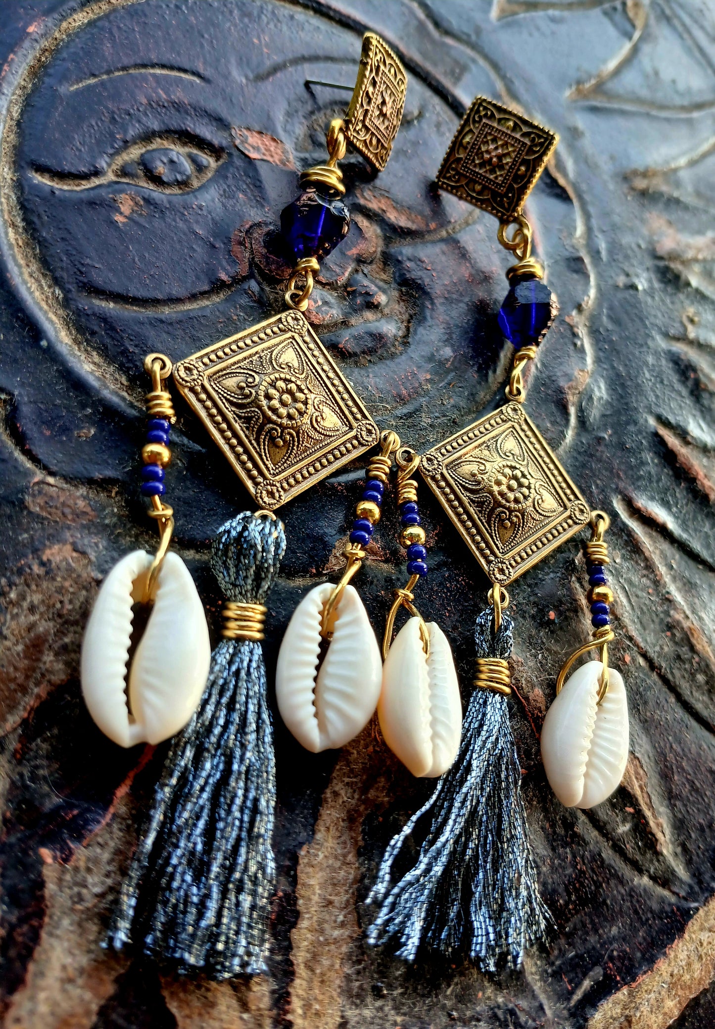Afro Boho Earrings-Glass/Tassle/Cowrie Shells
