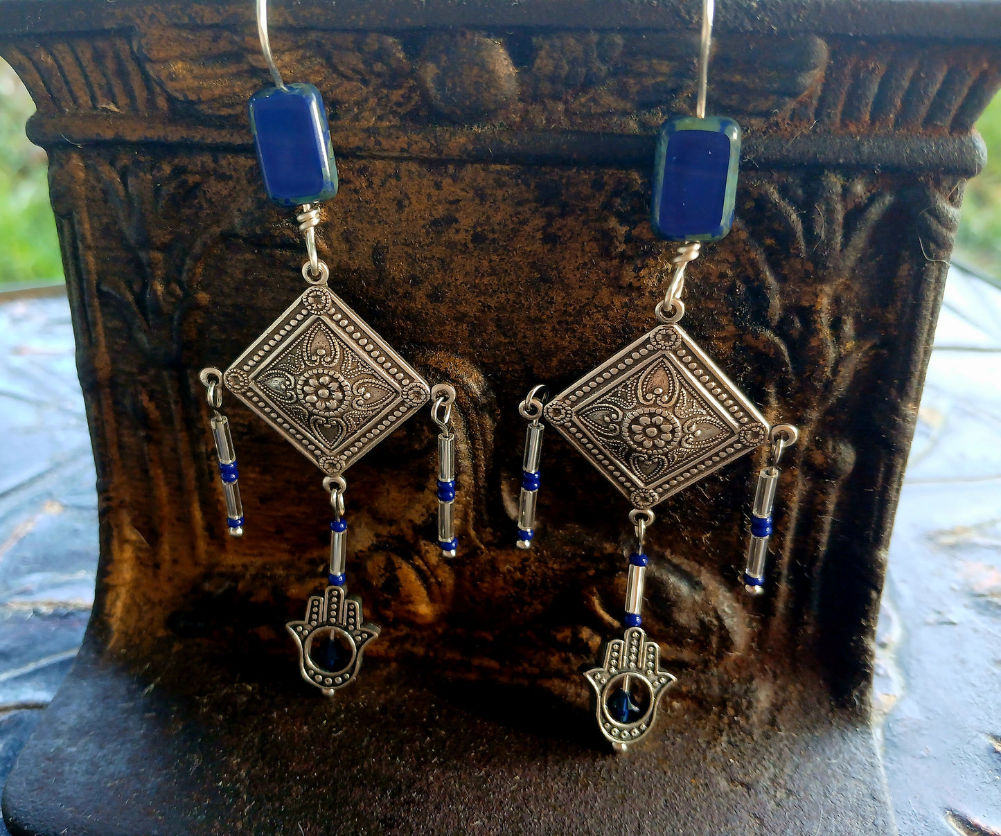 Afro Boho Earrings-Diamonds/Glass/Hand of Fatima (Hamsa)