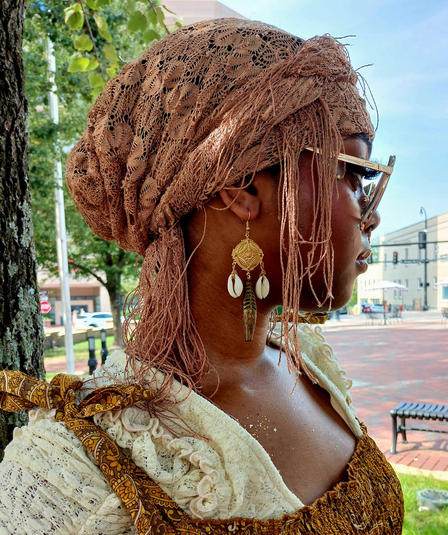 Afro Boho Earrings-Cowrie, Clay