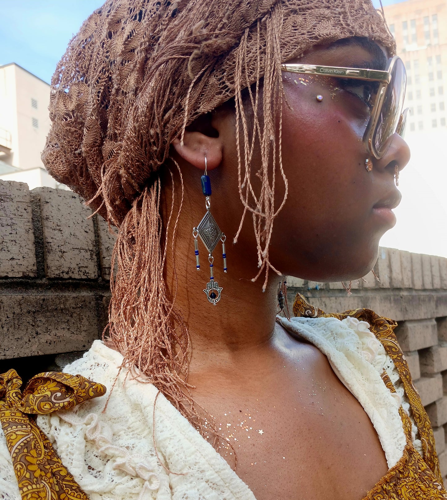 Afro Boho Earrings-Diamonds/Glass/Hand of Fatima (Hamsa)