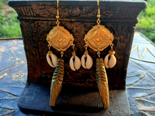 Afro Boho Earrings-Cowrie, Clay