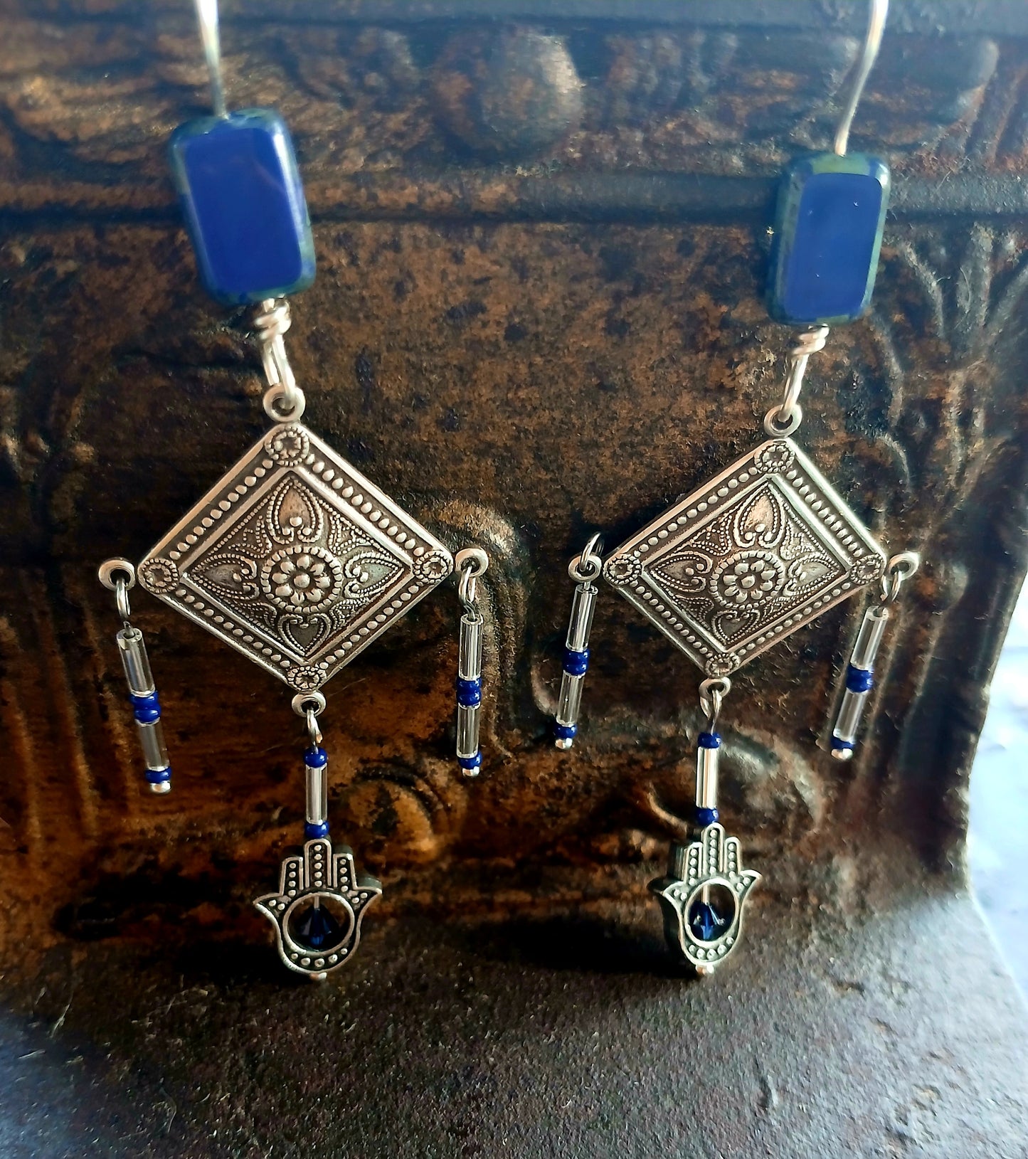 Afro Boho Earrings-Diamonds/Glass/Hand of Fatima (Hamsa)