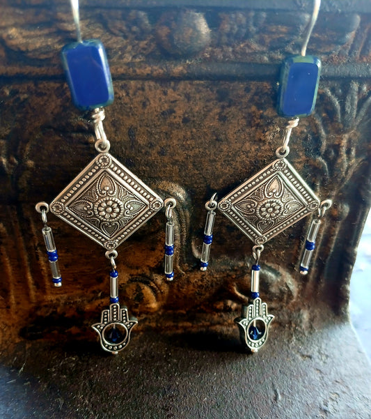 Afro Boho Earrings-Diamonds/Glass/Hand of Fatima (Hamsa)
