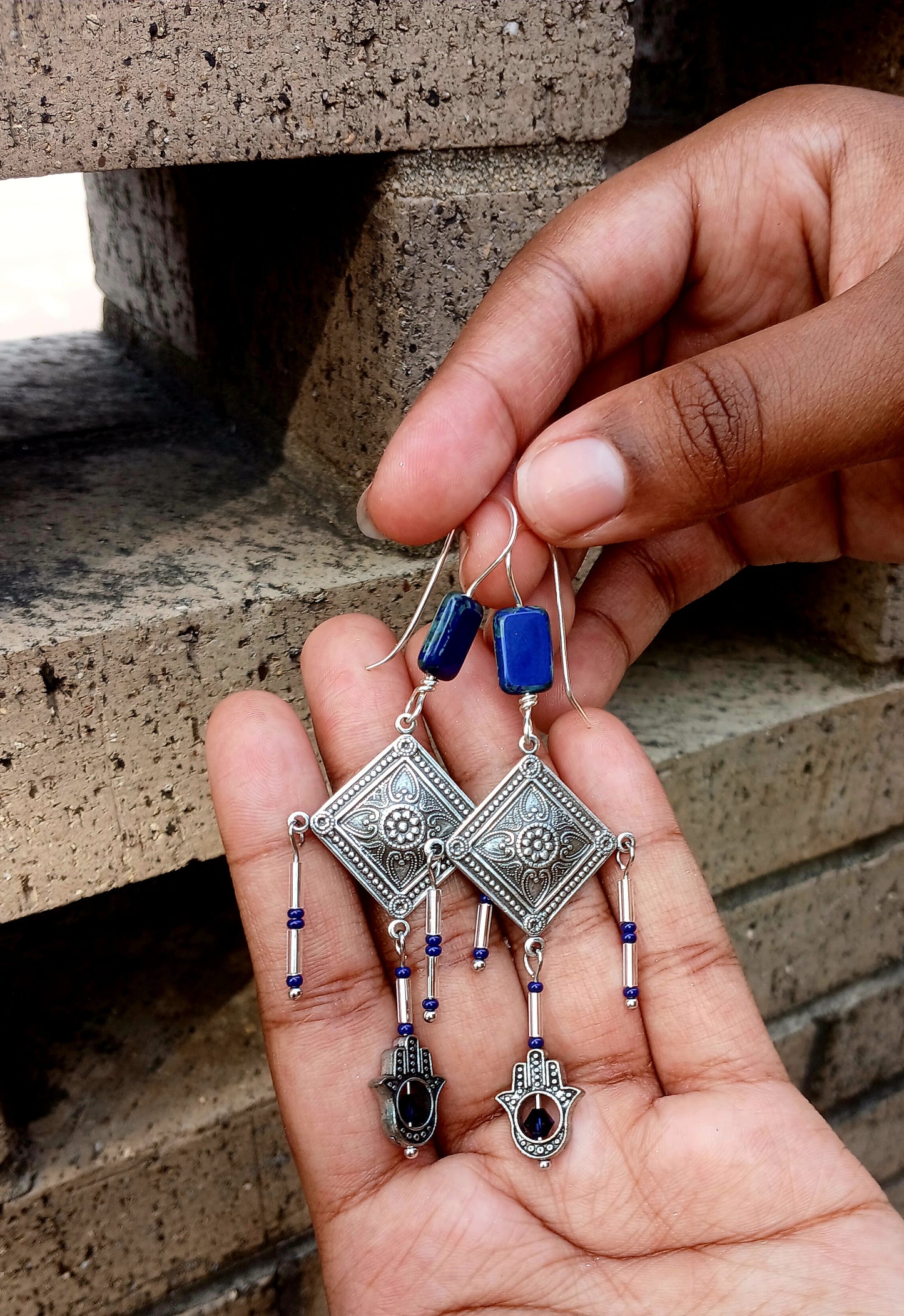 Afro Boho Earrings-Diamonds/Glass/Hand of Fatima (Hamsa)
